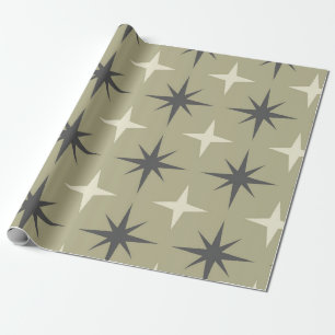 Mid Century Starbursts in beige and taupe on sage  Wrapping Paper