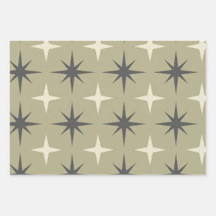 Mid Century Starbursts in beige and taupe on sage Wrapping Paper Sheet