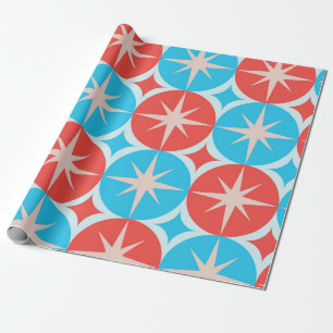 Mid Century Starbursts on Blue and Red Circles Wrapping Paper