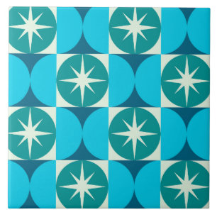 Mid Century Starbursts on Blue Teal Circles Tile