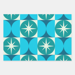 Mid Century Starbursts on Blue Teal Circles Wrapping Paper Sheet