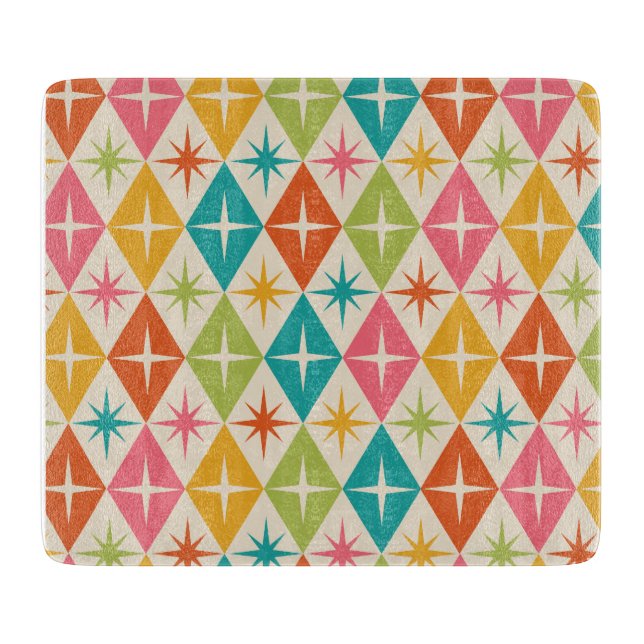 Mid Century Starbursts on Colorful Retro Diamonds  Cutting Board (Front)