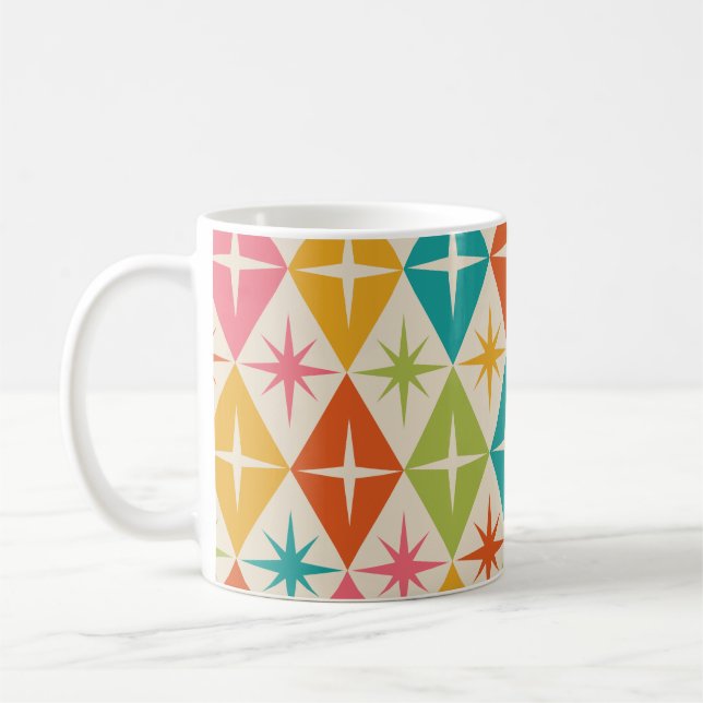 Mid Century Starbursts on Colourful Retro Diamonds Coffee Mug (Left)