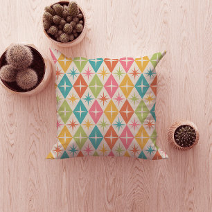 Mid Century Starbursts on Colourful Retro Diamonds Cushion