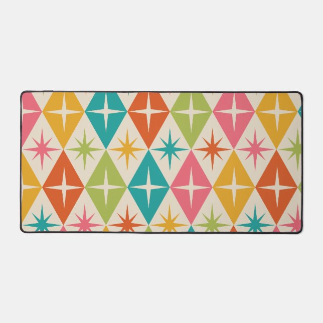 Mid Century Starbursts on Colourful Retro Diamonds Desk Mat (Front)