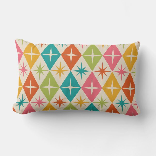 Mid Century Starbursts on Colourful Retro Diamonds Lumbar Cushion (Front)