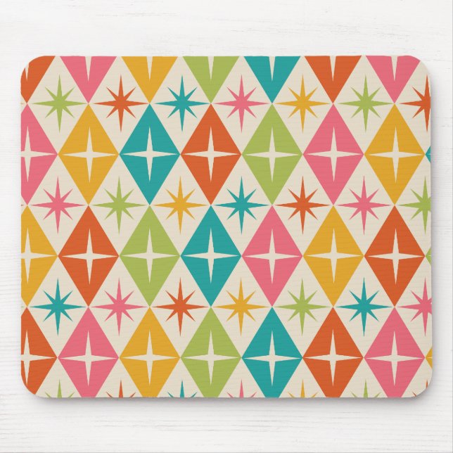 Mid Century Starbursts on Colourful Retro Diamonds Mouse Mat (Front)