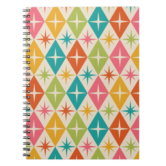 Mid Century Starbursts on Colourful Retro Diamonds Notebook (Front)