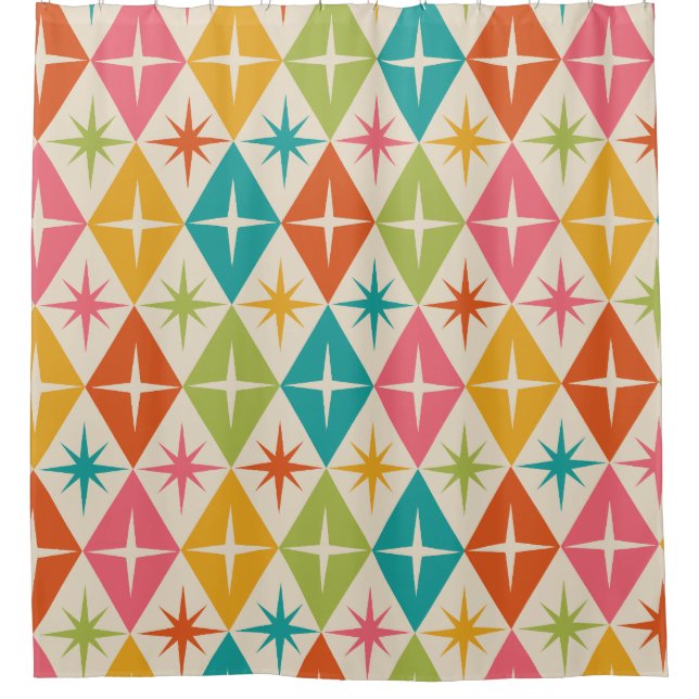 Mid Century Starbursts on Colourful Retro Diamonds Shower Curtain (Front)