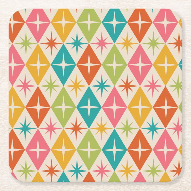 Mid Century Starbursts on Colourful Retro Diamonds Square Paper Coaster (Front)