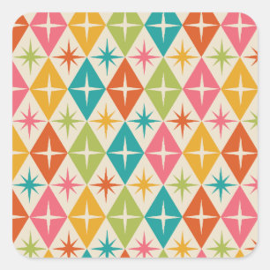 Mid Century Starbursts on Colourful Retro Diamonds Square Sticker