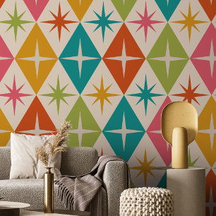 Mid Century Starbursts on Colourful Retro Diamonds Wallpaper