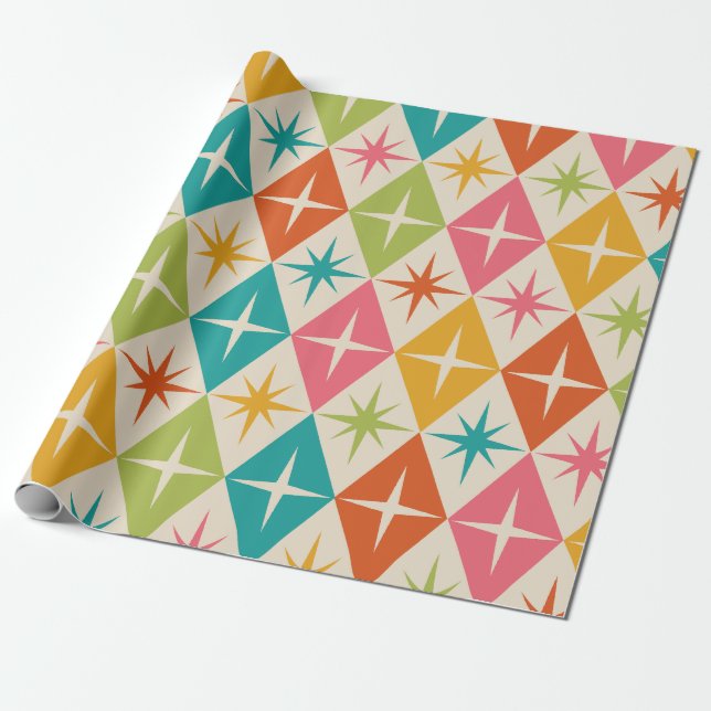 Mid Century Starbursts on Colourful Retro Diamonds Wrapping Paper (Unrolled)