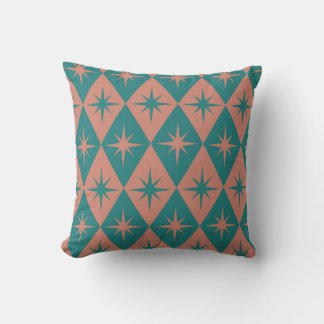 Mid Century Starbursts on coral teal Diamonds Cushion