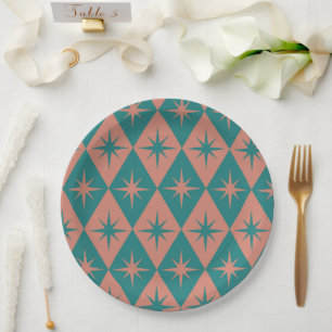Mid Century Starbursts on coral teal Diamonds Paper Plate