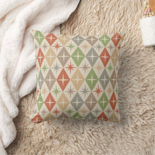 Mid Century Starbursts on Earthy Retro Diamonds Cushion
