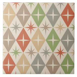 Mid Century Starbursts on Earthy Retro Diamonds Tile