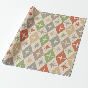 Mid Century Starbursts on Earthy Retro Diamonds Wrapping Paper