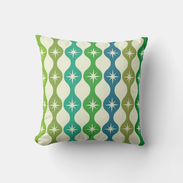 Mid Century Starbursts on Green Blue Ogee Pattern  Cushion (Front)