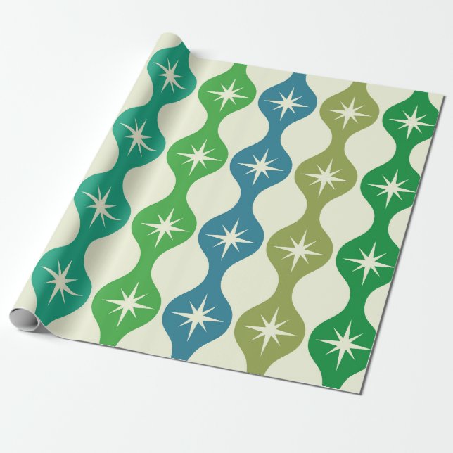 Mid Century Starbursts on Green Blue Ogee Pattern  Wrapping Paper (Unrolled)