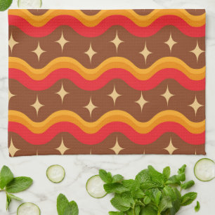 Mid Century Starbursts on Groovy funky waves  Tea Towel