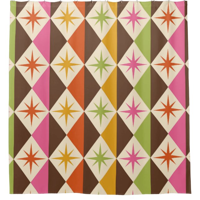 Mid Century Starbursts on Harlequin Diamonds  Shower Curtain (Front)