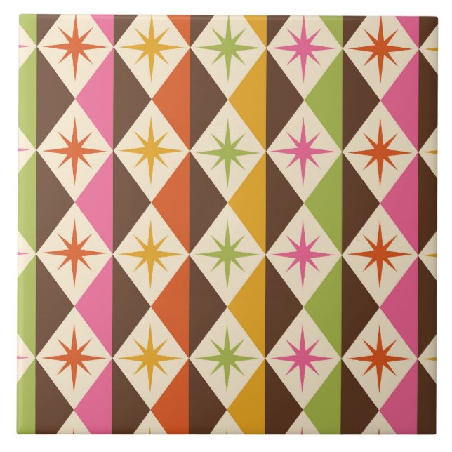 Mid Century Starbursts on Harlequin Diamonds  Tile (Front)