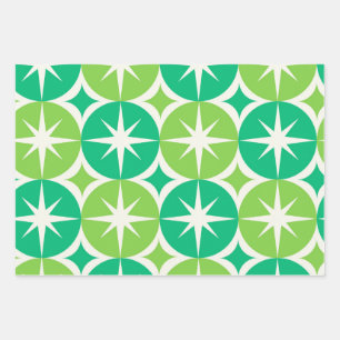 Mid Century Starbursts on Jade Lime Green Circles  Wrapping Paper Sheet