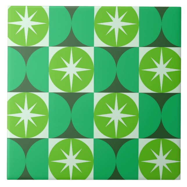 Mid Century Starbursts on Lime Mint Green circles  Tile (Front)