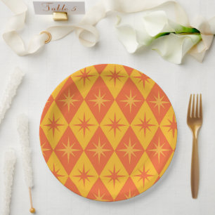 Mid Century Starbursts on Orange Amber Diamonds  Paper Plate