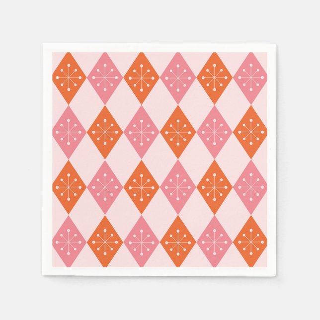 Mid Century Starbursts on Orange Pink Diamonds  Napkin (Front)