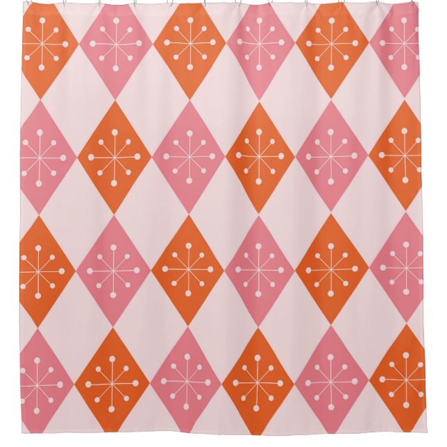 Mid Century Starbursts on Orange Pink Diamonds  Shower Curtain (Front)