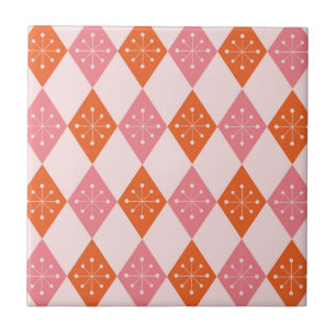 Mid Century Starbursts on Orange Pink Diamonds Tile