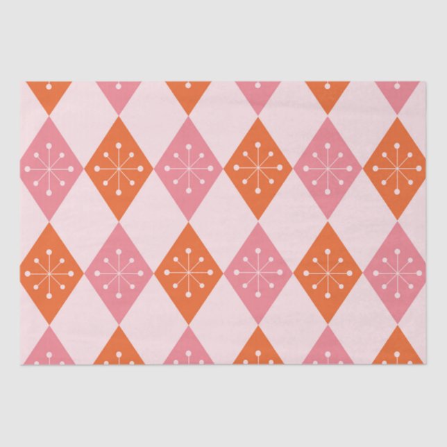 Mid Century Starbursts on Orange Pink Diamonds  Tissue Paper (Front)