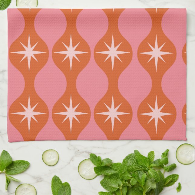 Mid Century Starbursts on Orange Pink Ogee Pattern Tea Towel (Folded)