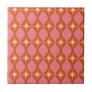 Mid Century Starbursts on Orange Pink Ogee Pattern Tile
