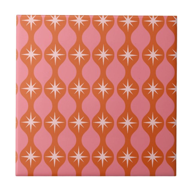 Mid Century Starbursts on Orange Pink Ogee Pattern Tile (Front)