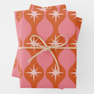 Mid Century Starbursts on  Orange Pink Ogee  Wrapping Paper Sheet