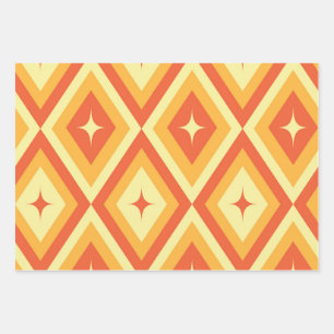 Mid Century Starbursts on Orange Red Diamonds Wrapping Paper Sheet