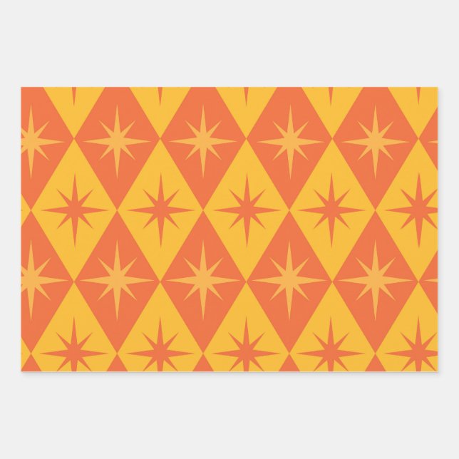 Mid Century Starbursts on Orange Retro Diamonds  Wrapping Paper Sheet (Front)