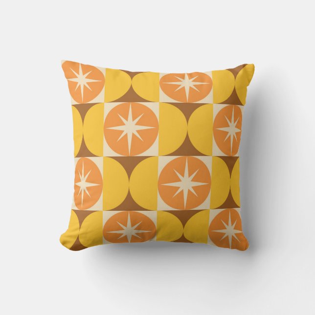 Mid Century Starbursts on Orange Yellow Circles  Cushion (Front)