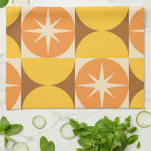 Mid Century Starbursts on Orange Yellow Circles  Tea Towel