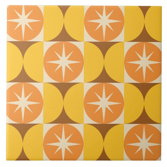 Mid Century Starbursts on Orange Yellow Circles  Tile (Front)