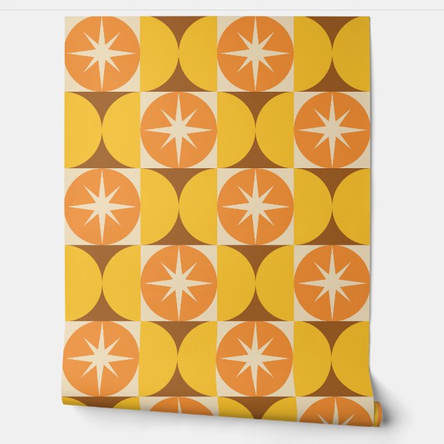 Mid Century Starbursts on Orange Yellow Circles  Wallpaper (Unrolling)