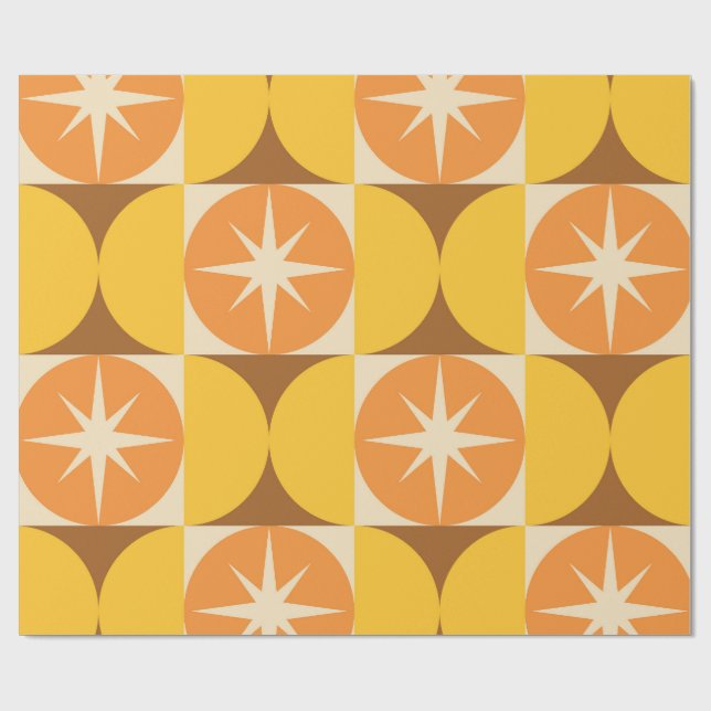 Mid Century Starbursts on Orange Yellow Circles  Wrapping Paper (Flat)