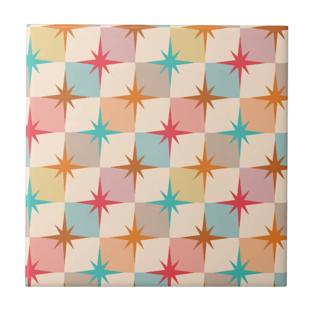 Mid Century Starbursts on Pastel Checkerboards Tile (Front)
