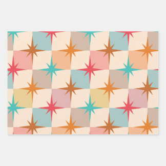Mid Century Starbursts on Pastel Checkerboards  Wrapping Paper Sheet