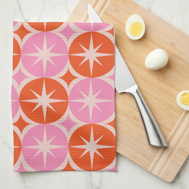 Mid Century Starbursts on Pink and Orange Circles  Tea Towel (Quarter Fold)