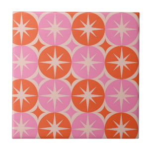 Mid Century Starbursts on Pink and Orange circles  Tile