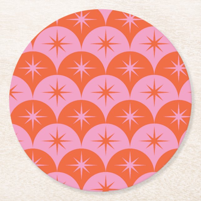 Mid Century Starbursts on Pink and Orange Scallops Round Paper Coaster (Front)